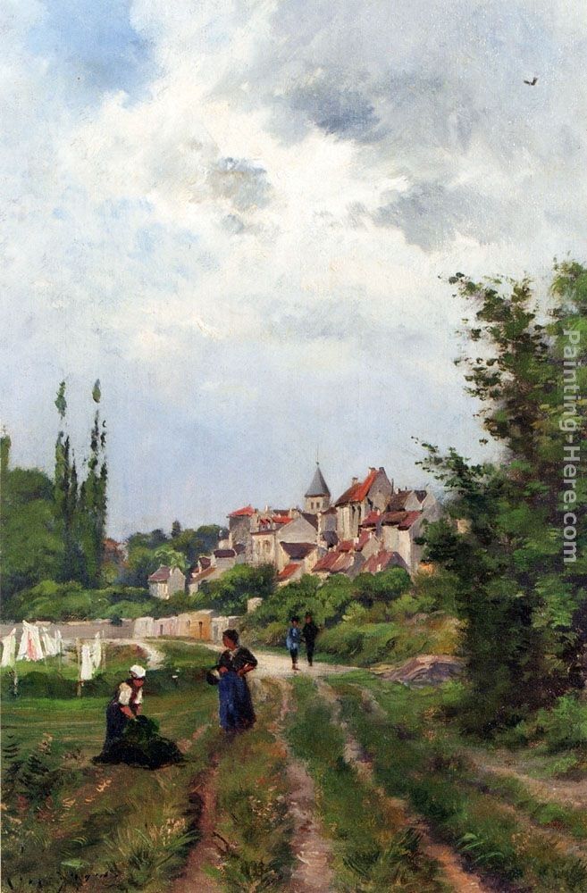 Henri-Joseph Harpignies Washer Women_On A Sandy Track With A Village Beyond